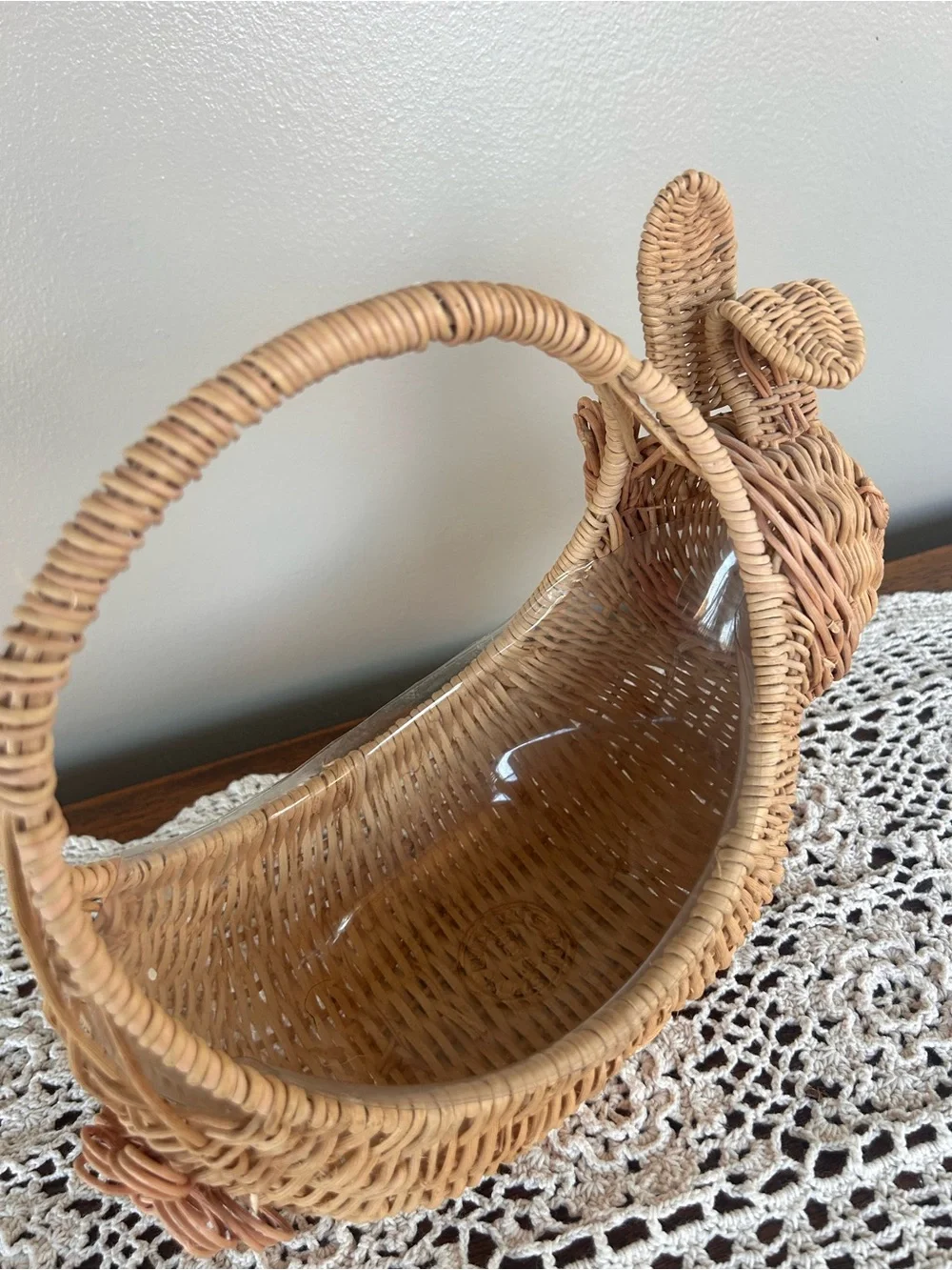 Vintage Wicker Rattan Bunny Basket w/Handle and Liner Easter Spring Cottagecore